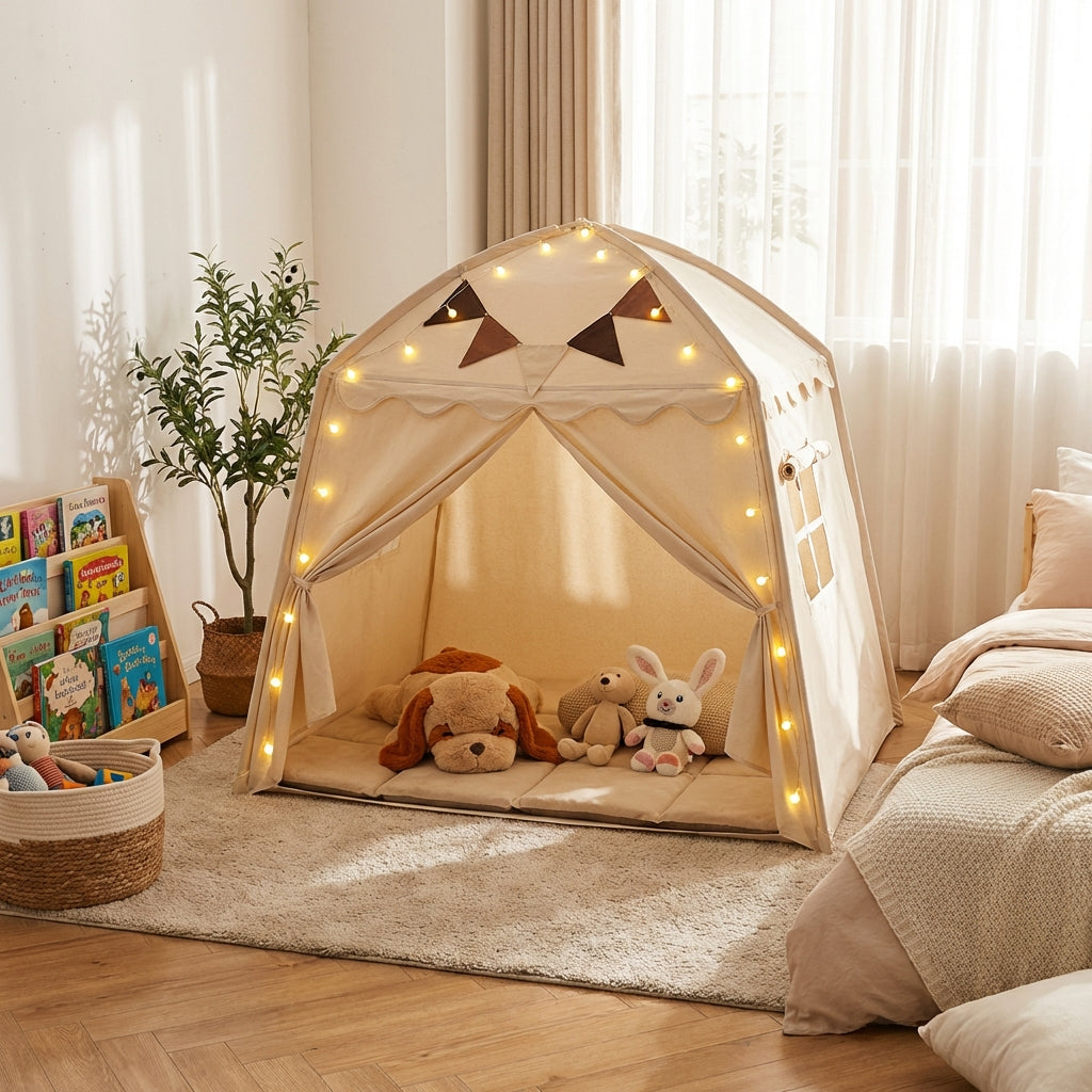 Ce tipi pour enfant crée un espace de jeu ou de lecture. Facile à monter, transportable et esthétique dans une chambre.


